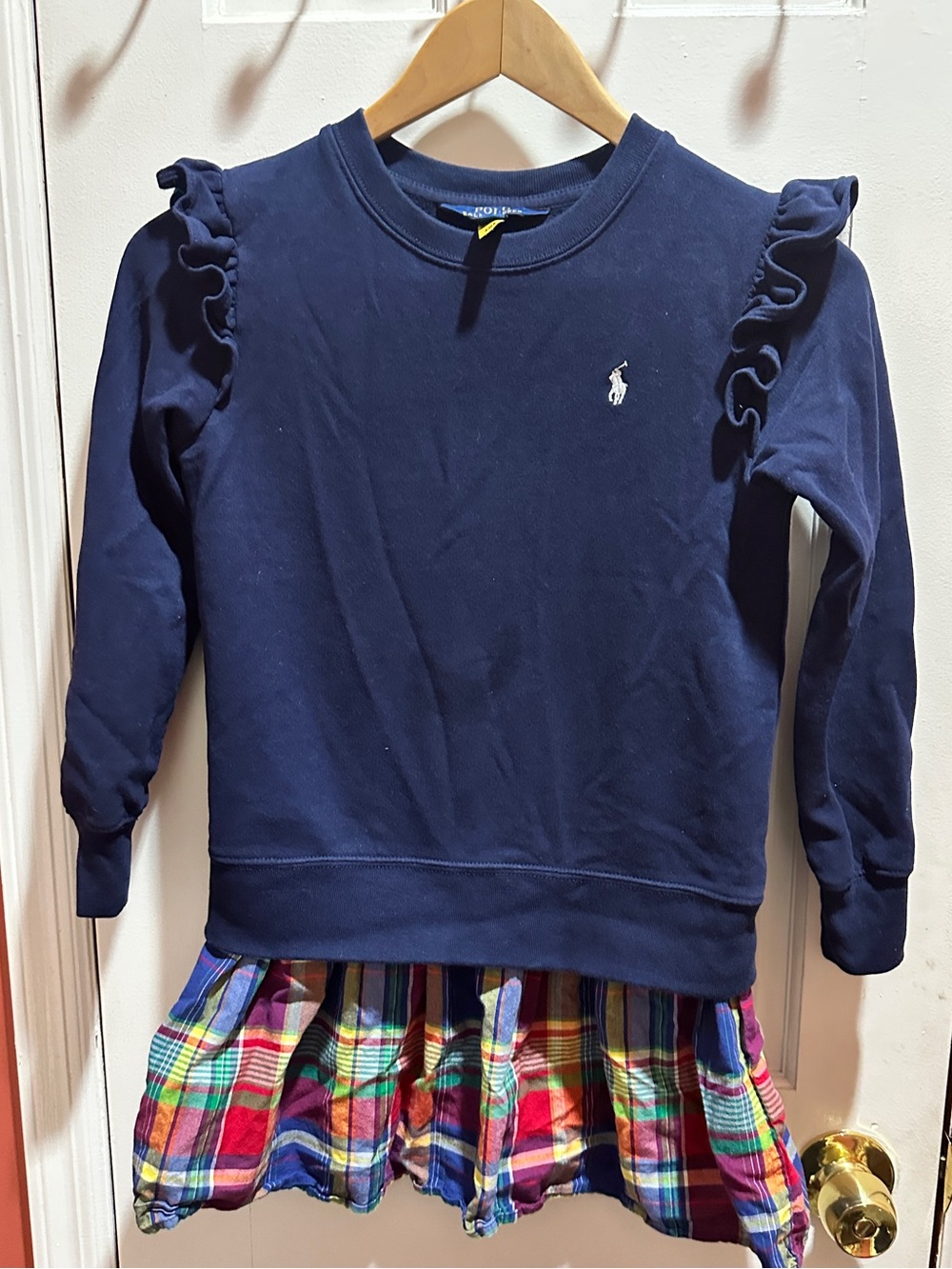Polo Ralph Lauren Navy Ruffle-Sleeve Sweatshirt Dress with Plaid Hem